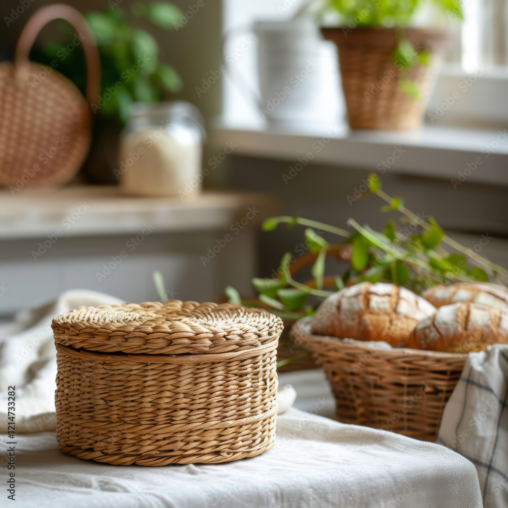 woven basket sits on table, surrounded by fresh bread and greenery, creating warm and inviting kitchen atmosphere woven basket sits on table, surrounded by fresh bread and greenery, creating warm and inviting kitchen atmosphere