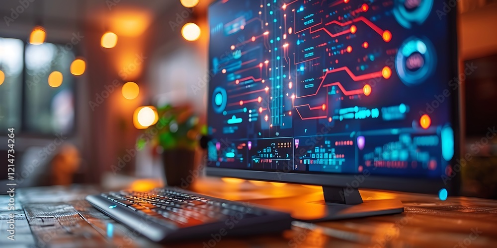Obraz premium Technology Smart home with connected devices and digital icons Glowing house with symbolism