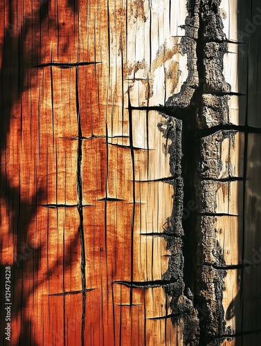 Burnt Tree Bark with Warm Sunlit Patterns Generated AI photo