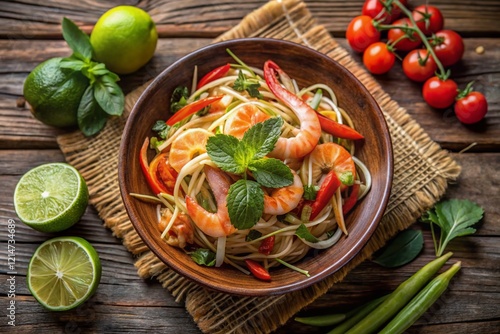 Wallpaper Mural Aerial View of Spicy Papaya Salad with Raw Shrimp, Fresh Herbs, and Lime Torontodigital.ca