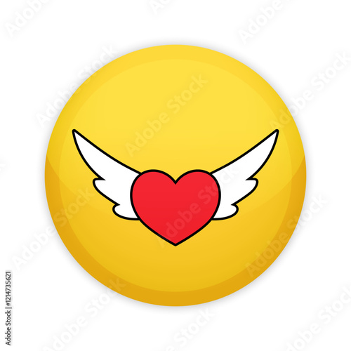 Glossy badge button with flying heart on yellow background. Round plastic pin with heart with wings. Vector illustration