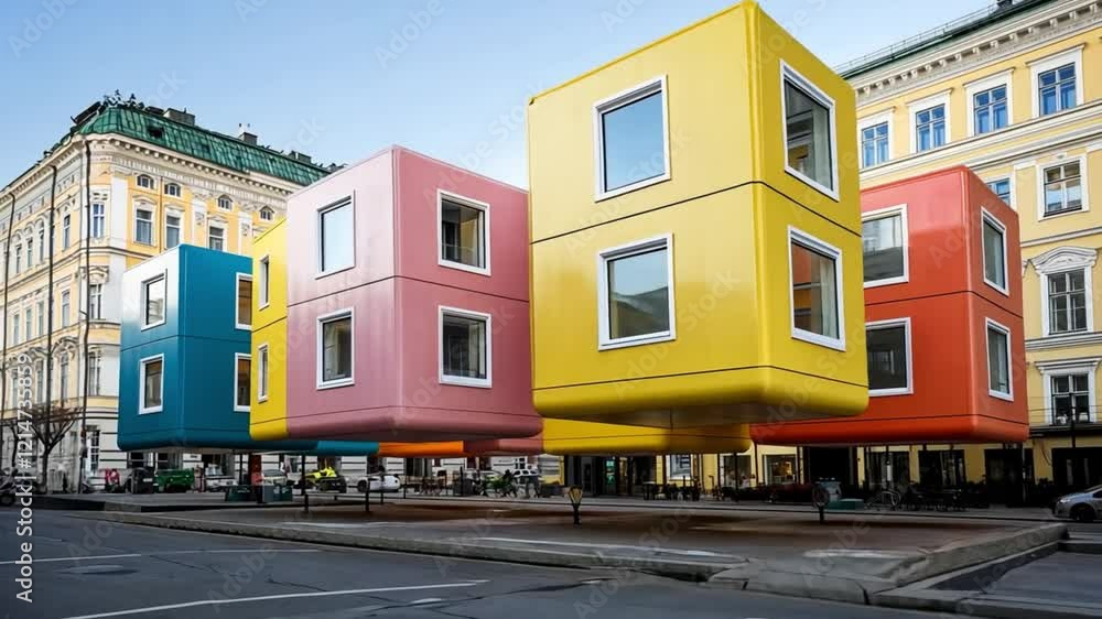 Vibrant, modern buildings with bold colors and unique shapes in an urban setting. Vibrant, modern buildings with bold colors and unique shapes in an urban setting.
