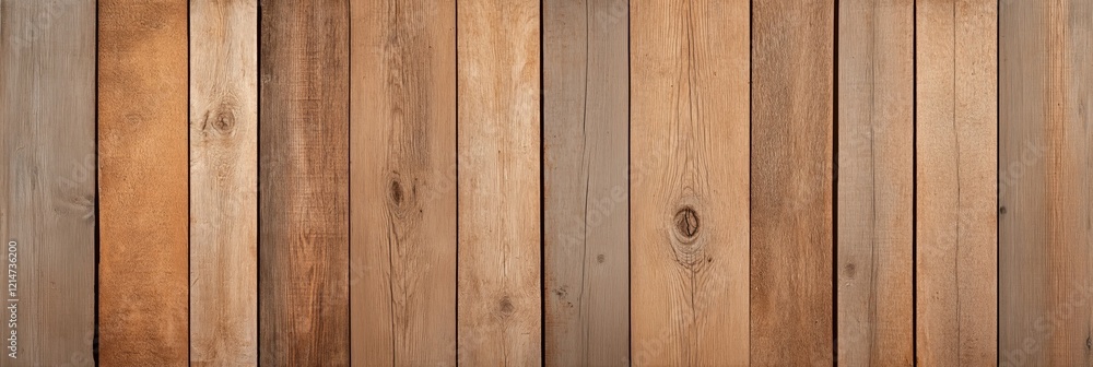 Naklejka premium Panorama of rustic light brown wooden planks. Natural wood grain texture visible. Vertical wood boards form wall panel. Background simple, neutral. Great for design projects. Wooden surface ideal for
