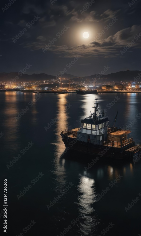 Dark waters of Algeciras seaport illuminated by full moon light, harbor, ocean Dark waters of Algeciras seaport illuminated by full moon light, harbor, ocean