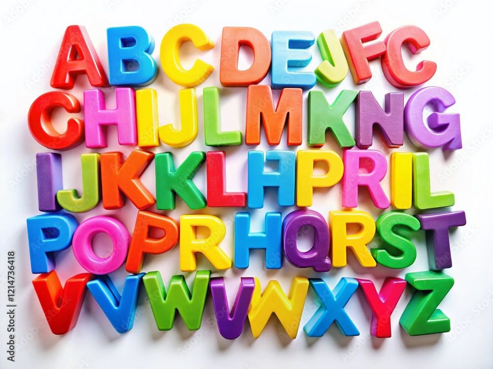 Obraz premium Vibrant Colorful Alphabet Letters on White Background - Panoramic Stock Photo