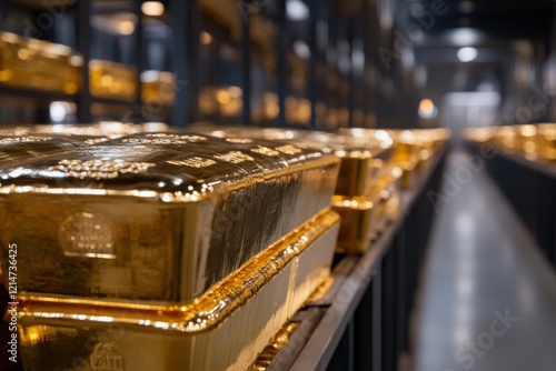 An elegant display of gold bars showcased within a modern vault, embodying financial prosperity, security, and the allure of significant wealth. photo