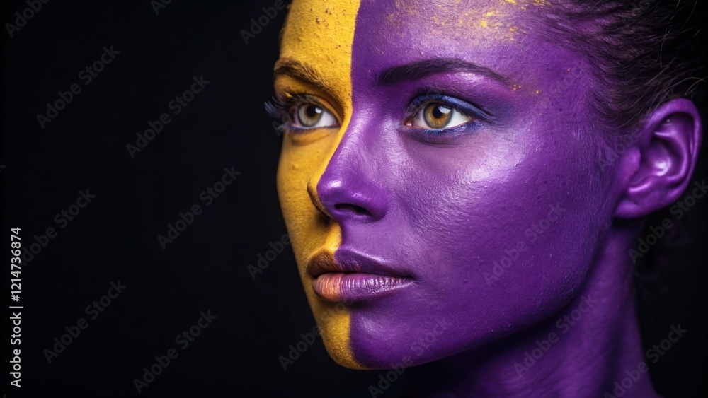A dramatic portrait featuring one half drenched in a luminescent purple while the opposite side radiates a bright yellow. The division not only separates the colors but also A dramatic portrait featuring one half drenched in a luminescent purple while the opposite side radiates a bright yellow. The division not only separates the colors but also