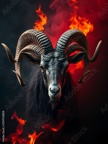 Portrait of a ram on a dark background with fire and smoke. Baphomet demon goat god. Lucifer, belzebu. Devil with horns. Red fire and smoke in hell. photo