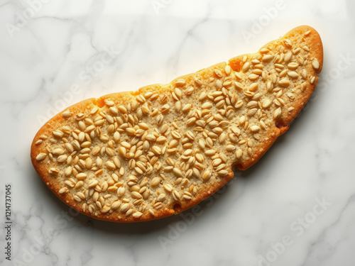 Crunchy crispbread with uncooked buckwheat kernels on polished marble backdrop, backdrop, snack photo