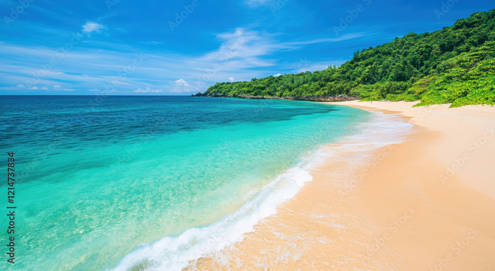 Soft waves lap against the shore of a pristine white sandy beach, framed by lush greenery under a bright blue sky. Perfect for relaxation and sunbathing, this spot feels idyllic. Soft waves lap against the shore of a pristine white sandy beach, framed by lush greenery under a bright blue sky. Perfect for relaxation and sunbathing, this spot feels idyllic.