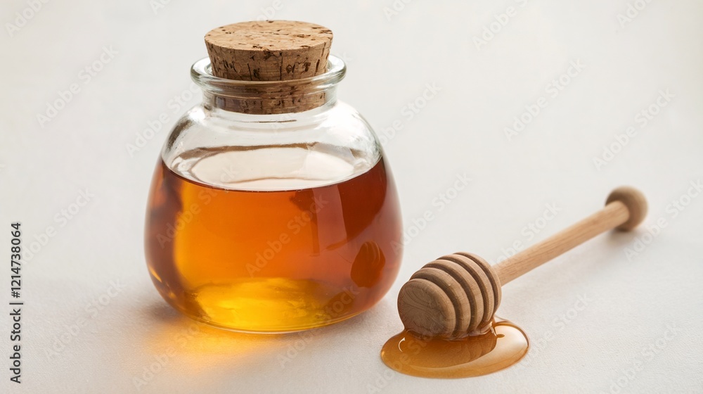 Glass Jar of Golden Honey with Drizzled Honey and Dipper on White Background Glass Jar of Golden Honey with Drizzled Honey and Dipper on White Background