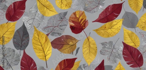 Colorful doodle art featuring yellow, burgundy, and gray leaf shapes on a subtle gray background , art, features, background photo