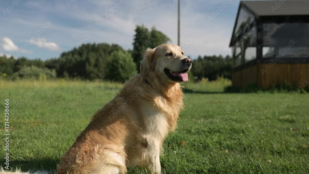 Cute Golden Retriever Dog Sitting On Green Grass On A Summer Lawn Cute Golden Retriever Dog Sitting On Green Grass On A Summer Lawn