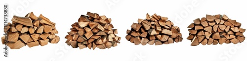 Eco friendly. Stacks of firewood arranged in four distinct piles on a white background. photo