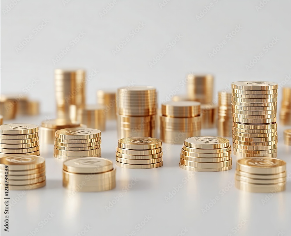 3D vector illustration of gold coins on a white background, with stacked piles of golden coins, bitcoins - Generative AI 3D vector illustration of gold coins on a white background, with stacked piles of golden coins, bitcoins - Generative AI