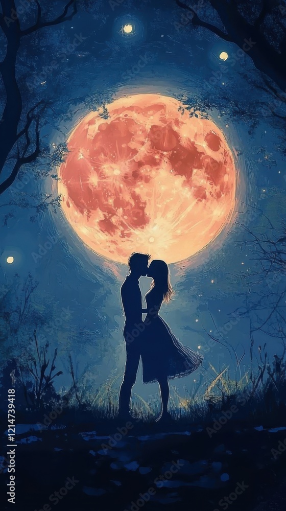 A Silhouetted Couple Kisses Underneath a Large Orange Moon A Silhouetted Couple Kisses Underneath a Large Orange Moon