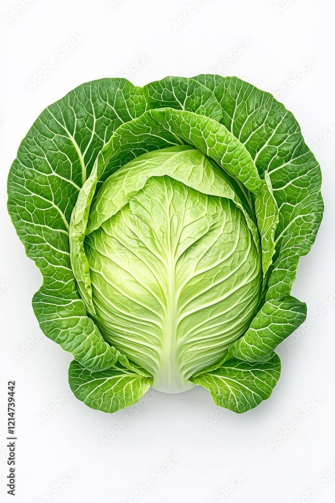 Obraz premium A fresh, vibrant green cabbage with detailed leaf patterns, perfect for culinary, health, and organic food themes.