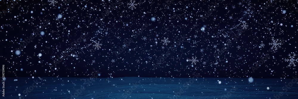 Fototapeta premium Frozen landscape with white snow flakes scattered across a dark night sky, frozen terrain, winter wonderland, atmospheric phenomenon