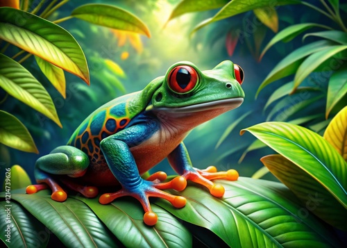 Vibrant Frog in Lush Green Tropical Rainforest Landscape - Colorful Amphibian Wildlife Stock Photo photo