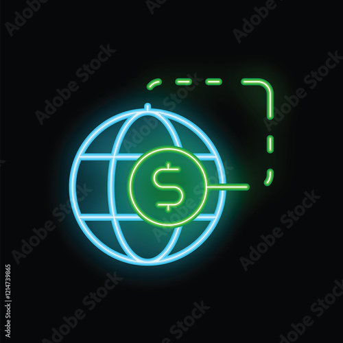 Bright neon icon representing the concept of international money transfer with a green dollar sign inside a blue globe