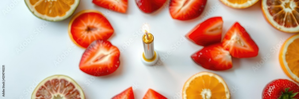 Fresh fruit slices arranged in a decorative pattern around a gleaming gold birthday candle make for an eye-catching centerpiece on a modern white surface, simple decor, fresh fruit Fresh fruit slices arranged in a decorative pattern around a gleaming gold birthday candle make for an eye-catching centerpiece on a modern white surface, simple decor, fresh fruit
