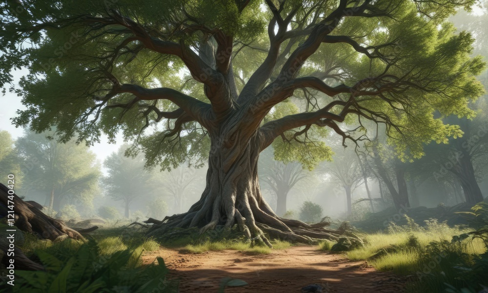 Fototapeta premium Forest landscape featuring a large tree with sprawling branches and leaves, autumnal backdrop , rural scenery