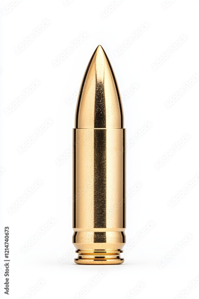 A shiny gold bullet isolated on a white background, symbolizing defense technology and precision, perfect for concepts of safety and security. A shiny gold bullet isolated on a white background, symbolizing defense technology and precision, perfect for concepts of safety and security.