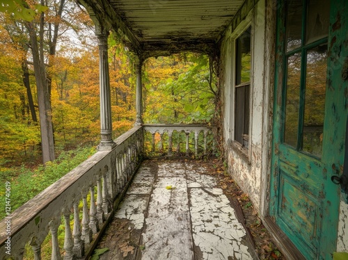 The second floor of an old abandoned house features a white wooden balcony devoid of people, while green ivy clings to the walls photo