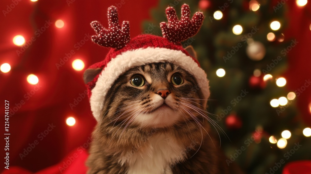 Playful Cat in Santa Hat by Christmas Tree