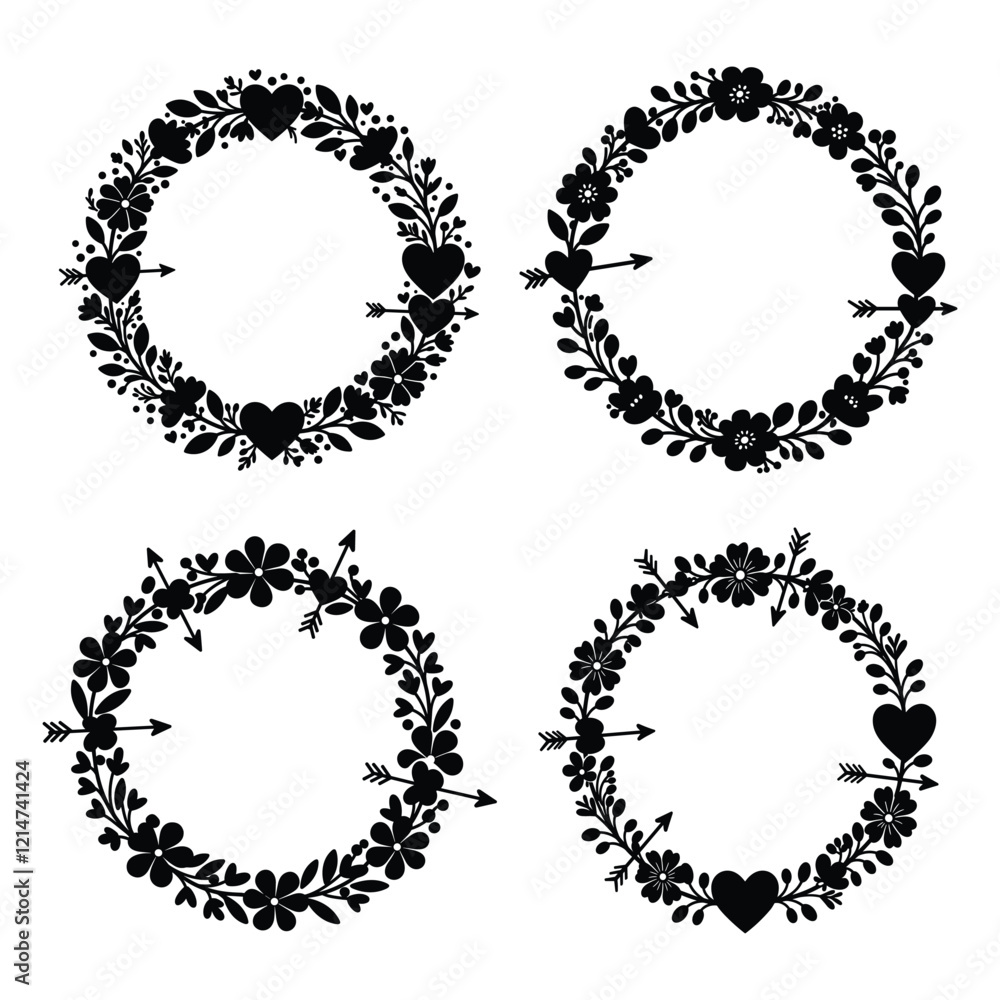 A Floral wreath with hearts and arrows vector illustration A Floral wreath with hearts and arrows vector illustration