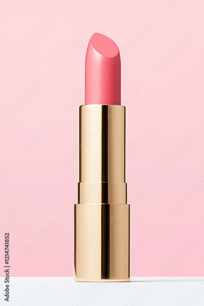 A stunning lipstick in a sleek gold tube, showcasing a vibrant pink shade against a soft pink background, perfect for beauty enthusiasts. A stunning lipstick in a sleek gold tube, showcasing a vibrant pink shade against a soft pink background, perfect for beauty enthusiasts.