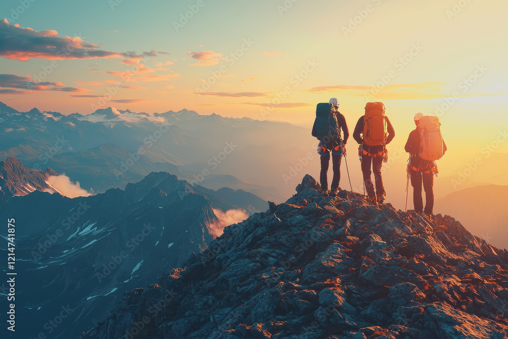 Two individuals standing on the summit of a mountain with a panoramic view of the surrounding landscape under a clear blue sky Two individuals standing on the summit of a mountain with a panoramic view of the surrounding landscape under a clear blue sky