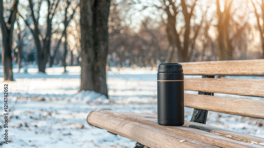 Solitude Serenity: Cinematic Winter Scene of Figure on Bench with Thermos in Empty Park - Ultra-Detailed Introvert Stock Photo Concept Solitude Serenity: Cinematic Winter Scene of Figure on Bench with Thermos in Empty Park - Ultra-Detailed Introvert Stock Photo Concept