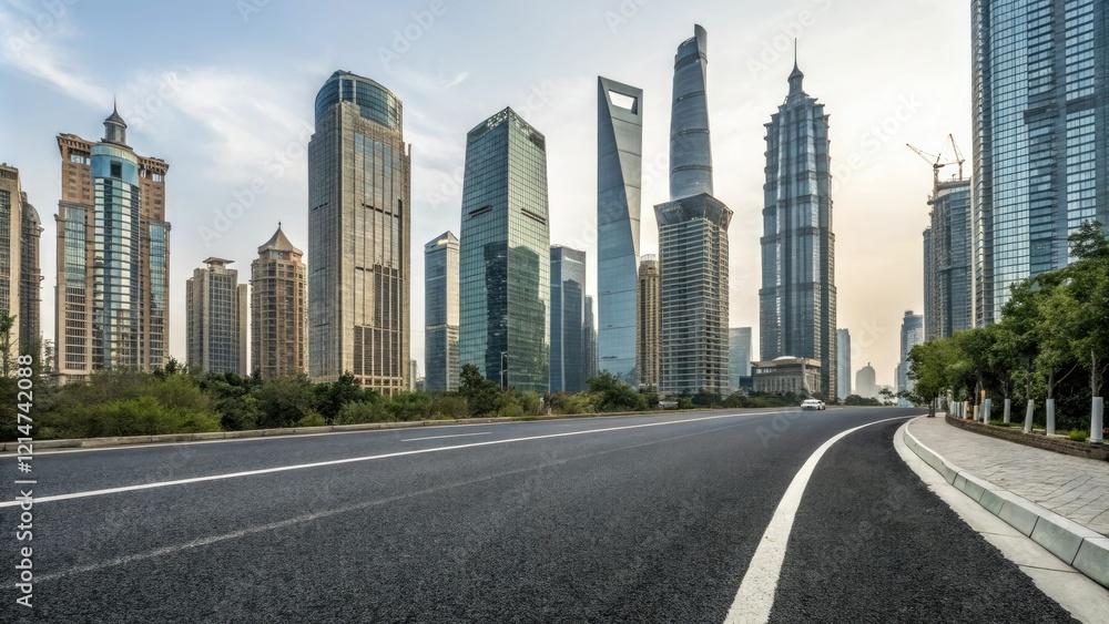 Empty asphalt road passing through the heart of a modern city amidst towering skyscrapers and office buildings, urban sprawl, steel and glass, skyscraper, modern cityscape Empty asphalt road passing through the heart of a modern city amidst towering skyscrapers and office buildings, urban sprawl, steel and glass, skyscraper, modern cityscape