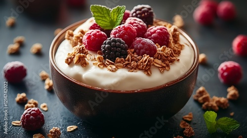 Delicious Yogurt Bowl with Fresh Berries and Granola Toppings photo