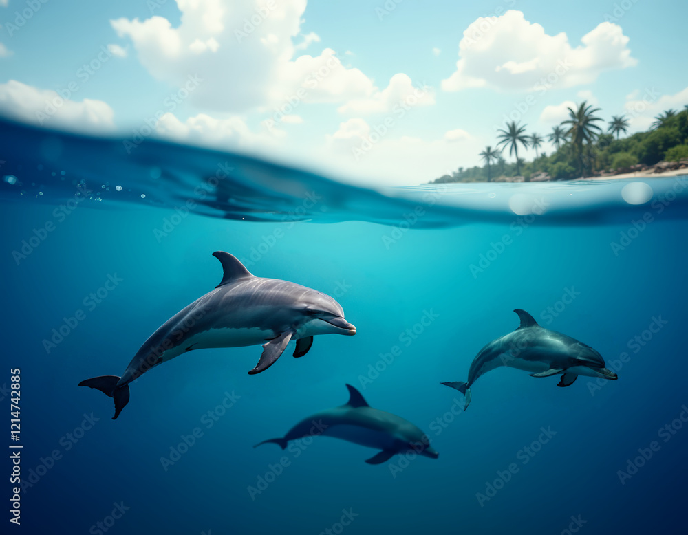 Fototapeta premium Three dolphins swimming in a clear ocean with a tropical island featuring palm trees in the background.