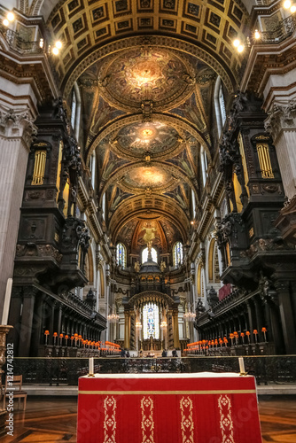 A beautiful view inside London's renowned St. Paul's Cathedral from the altar, looking towards the choir and the high altar in the background. The choir vaults are adorned with mosaics. photo