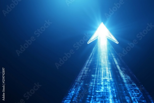 Blue background with an arrow pointing up and to the right, going from the left to the top of the screen, high resolution, with copy space on one side, blue gradient background, with a glow effect, wi