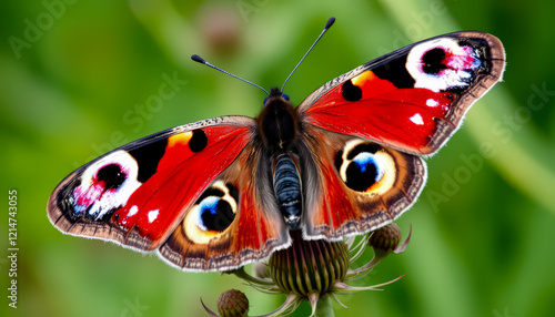 This image shows a vibrant Peacock butterfly (Aglais io) with distinctive eyespots on its wings, perched on a plant against a green background photo