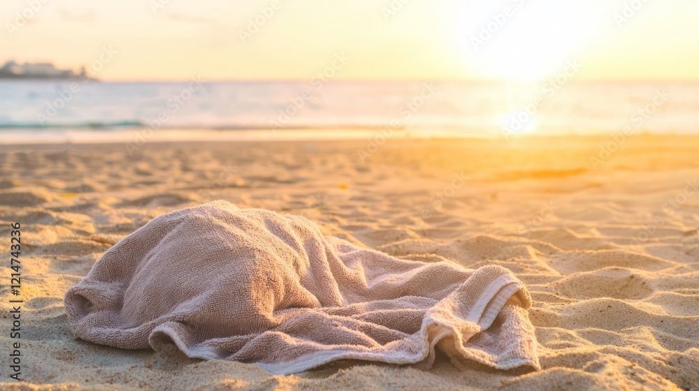 Serene Sunlit Beach: Intimate Moment of Solitude with Occupant Relaxing on Towel, Minimalist Cinematic Image for Introvert Concept Serene Sunlit Beach: Intimate Moment of Solitude with Occupant Relaxing on Towel, Minimalist Cinematic Image for Introvert Concept