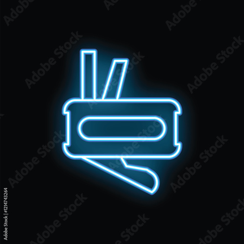 Blue neon sign of a multitool pliers showing tools on black background