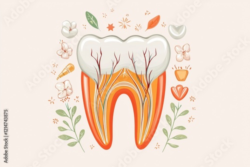 A vibrant illustration of a tooth surrounded by nature-inspired elements, showcasing the intricate details of dental anatomy and health. photo