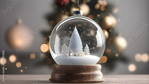 A snow globe depicting a white Christmas tree in the snow, surrounded by falling snowflakes, is located on a Christmas tree background photo