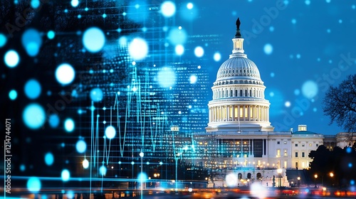 capitol building, government, stock market. A nighttime view of the Capitol building with a digital overlay, showcasing a blend of architecture and technology.