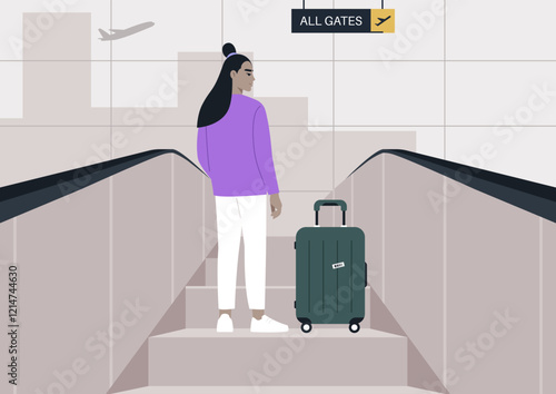 A traveler stands on an escalator in a busy airport, gazing upward toward departure gates, with a suitcase by their side, ready for the journey ahead