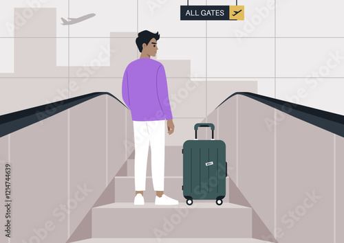 A traveler stands on an escalator in a busy airport, gazing upward toward departure gates, with a suitcase by their side, ready for the journey ahead