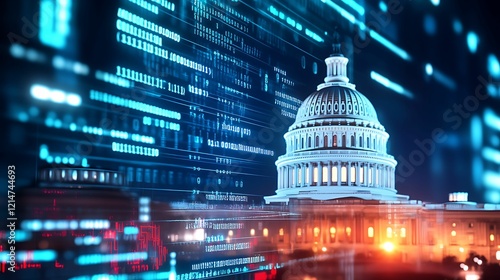capitol building, government, stock market. A futuristic view of the U.S. Capitol building surrounded by digital elements, symbolizing the intersection of politics and technology.