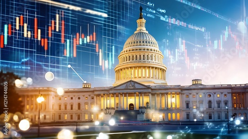 capitol building, government, stock market. The image shows the U.S. Capitol building with financial graphs overlay, symbolizing the intersection of politics and finance.