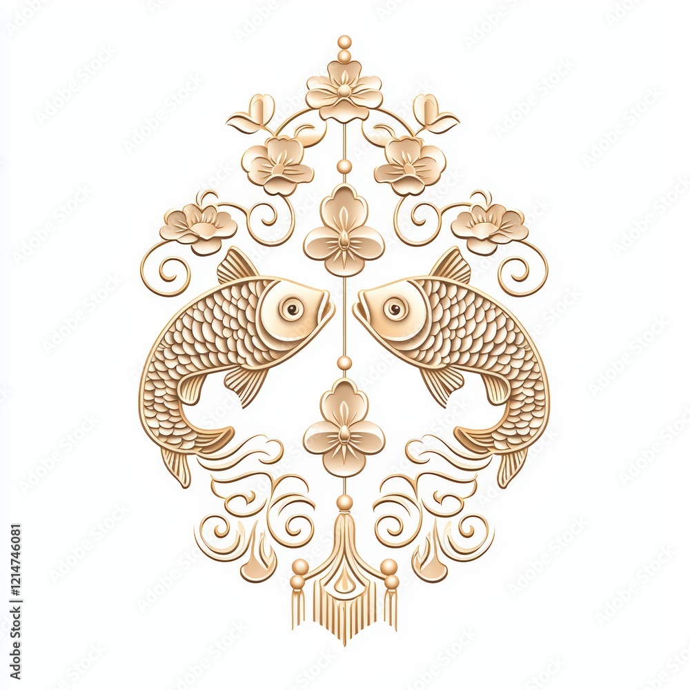 Fototapeta premium An elegant illustration showcasing two koi fish surrounded by delicate flowers, symbolizing harmony and prosperity in a beautiful decorative design.