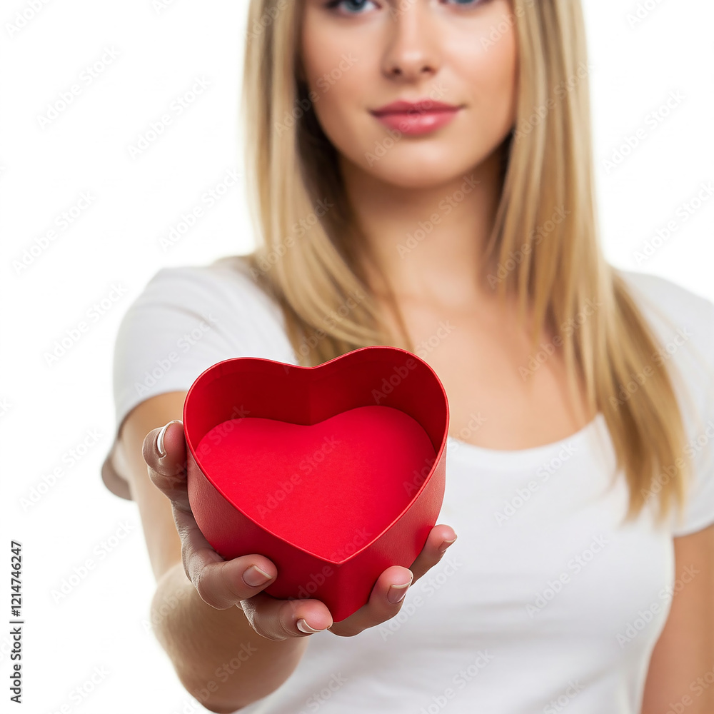 Woman holding red heart shaped empty gift box isolated in hand Woman holding red heart shaped empty gift box isolated in hand